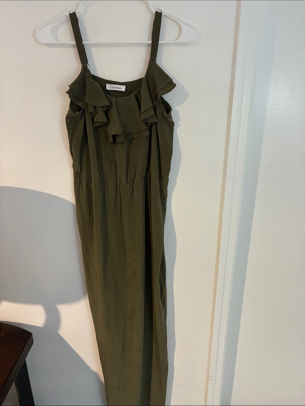 Calvin Klein Olive Green Ruffle-Front Maxi Dressd